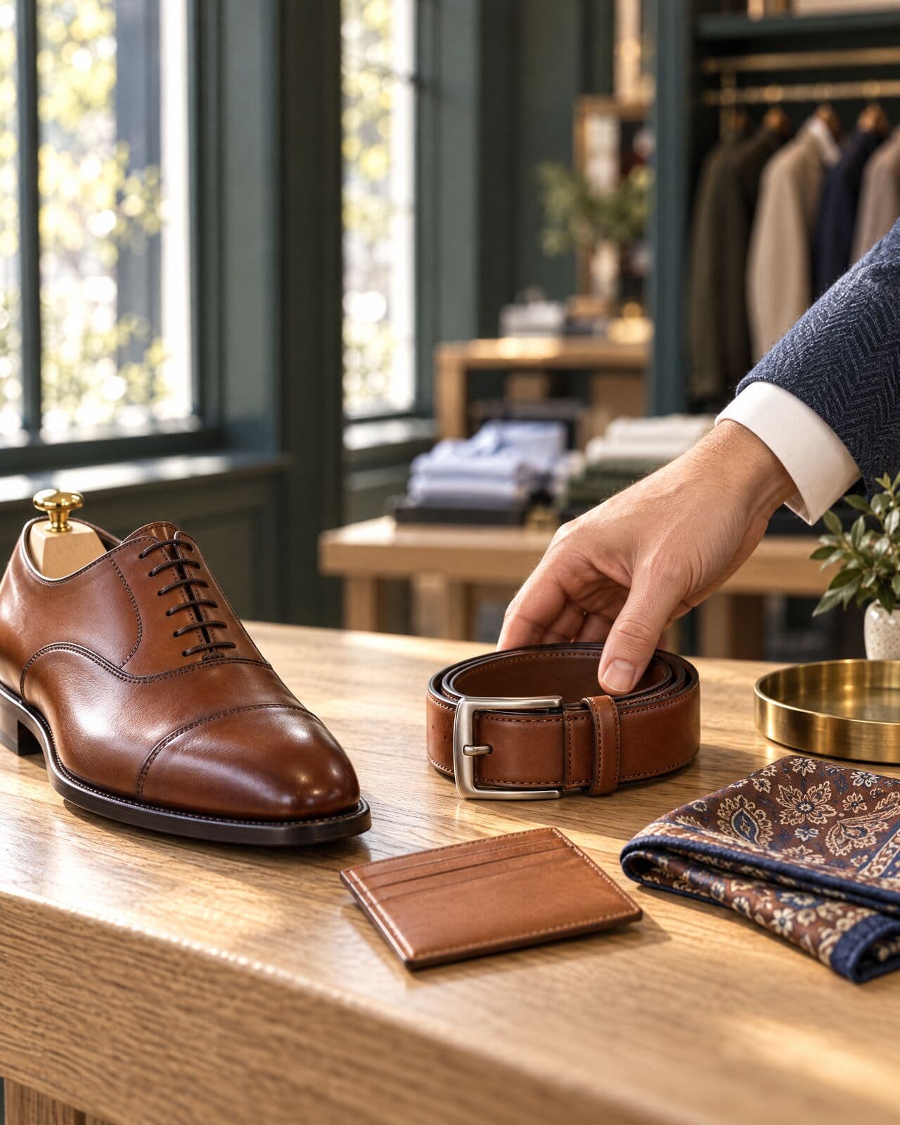 A hand sets a coiled cognac leather belt beside a matching cap-toe oxford on an oak counter, with a tan card wallet, a paisley pocket square and a brass tray.