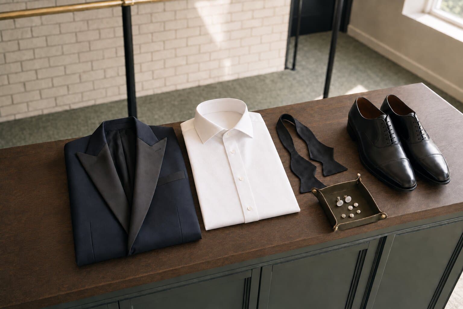 Black tie laid out on the dark wood top of a green island in daylight: a midnight-blue dinner jacket folded once, a white dress shirt, an untied bow tie, studs in a leather tray and polished black oxfords, cream brick behind.