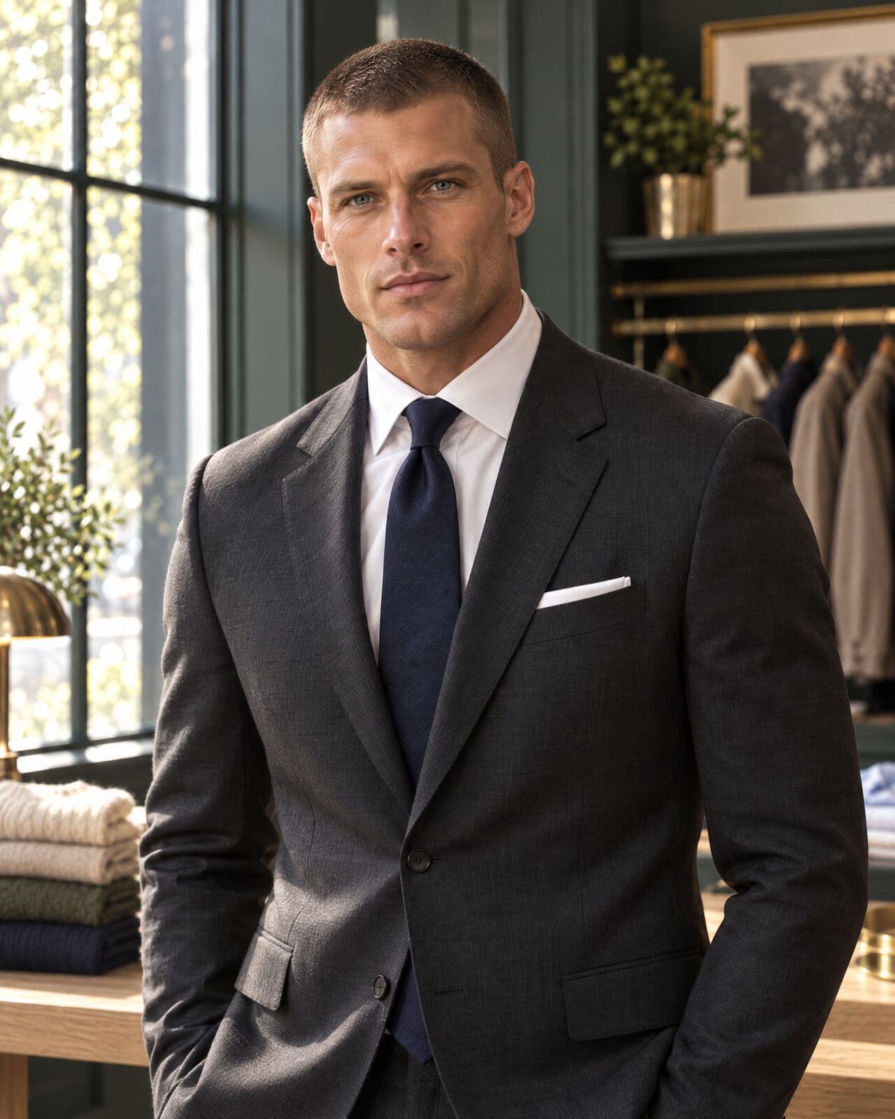 A man with close-cropped hair in a charcoal suit, white shirt and dark navy tie with a white pocket square, facing the camera.