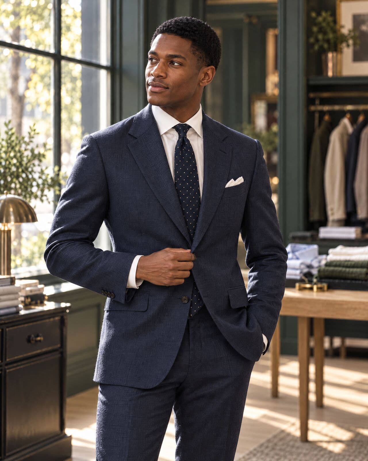 A young man in a navy suit, white shirt and dark dotted tie fastens his jacket button beside a tall window, looking away from the camera.
