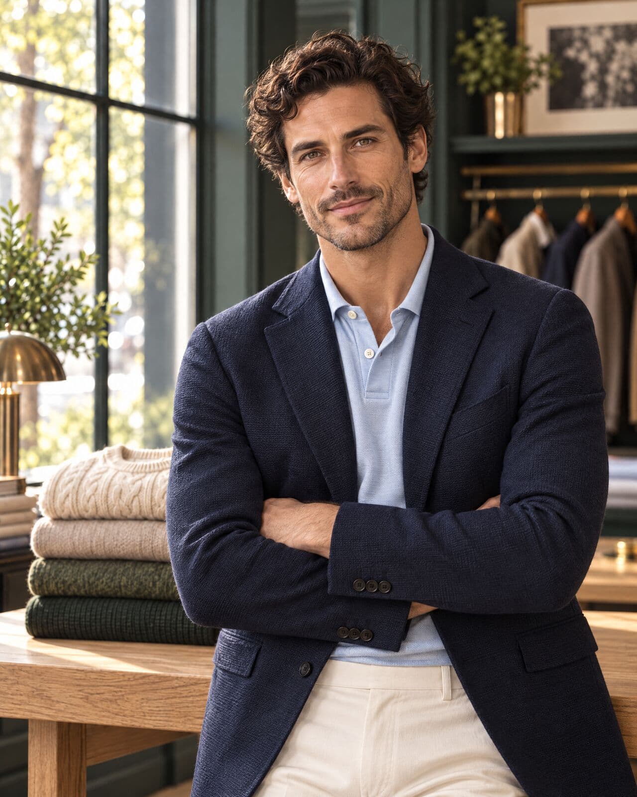 A man with dark curly hair in a navy textured blazer over a pale blue polo shirt and cream trousers, arms folded, smiling.