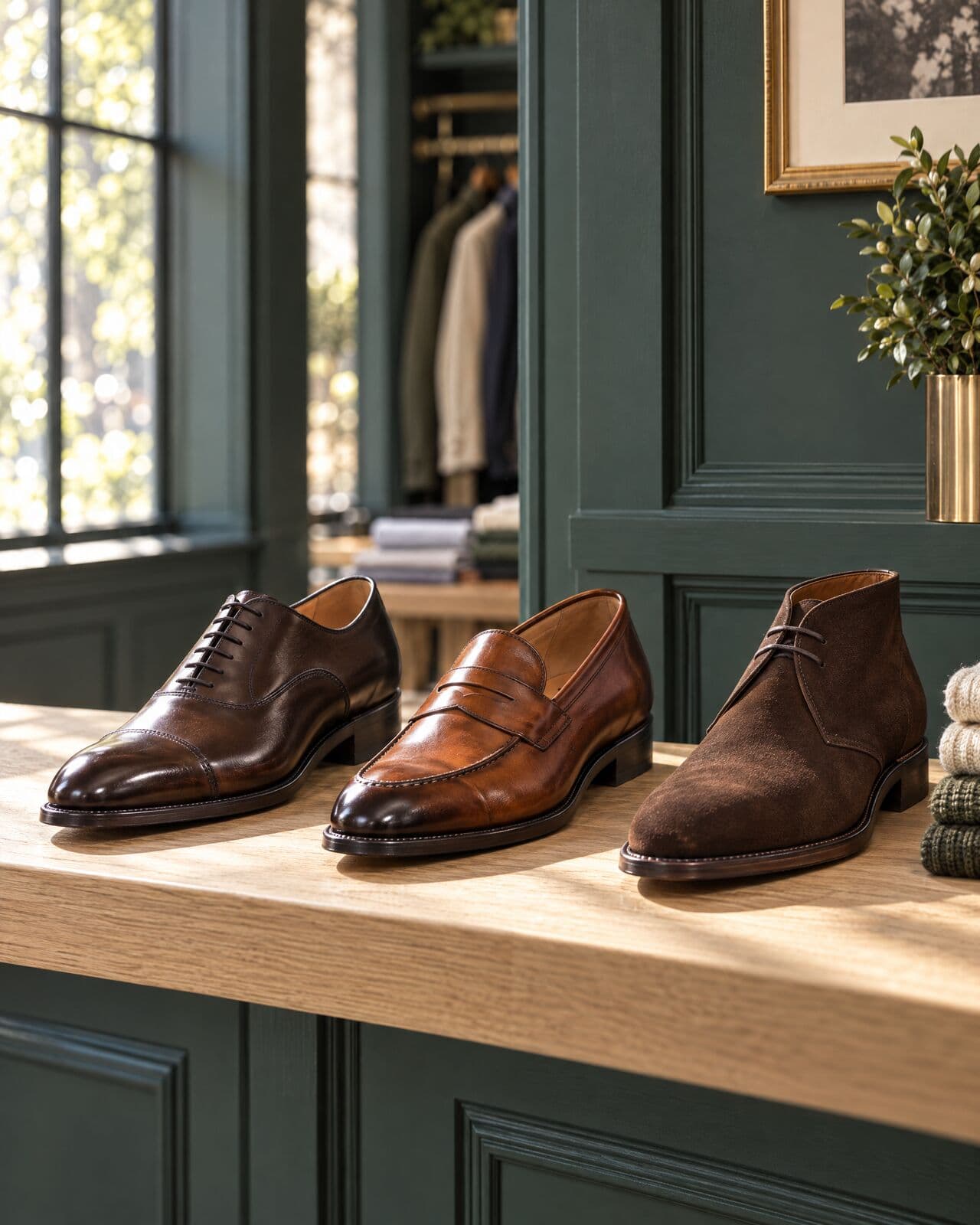 Three shoes in a row on an oak shelf against green panelling: a dark brown cap-toe oxford, a cognac penny loafer and a chocolate suede chukka boot.