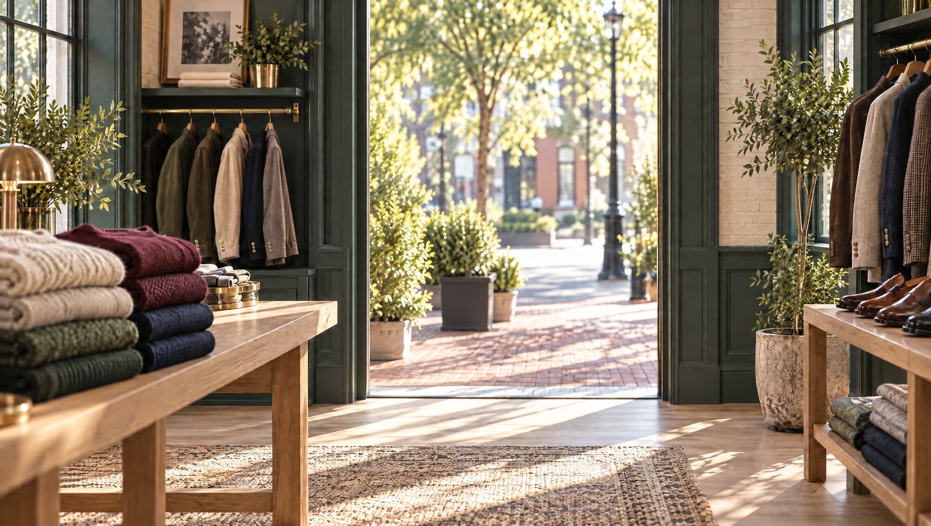 Looking out from inside the shop through its open green doorway onto a sunlit brick sidewalk, with folded sweaters and a rail of jackets either side.