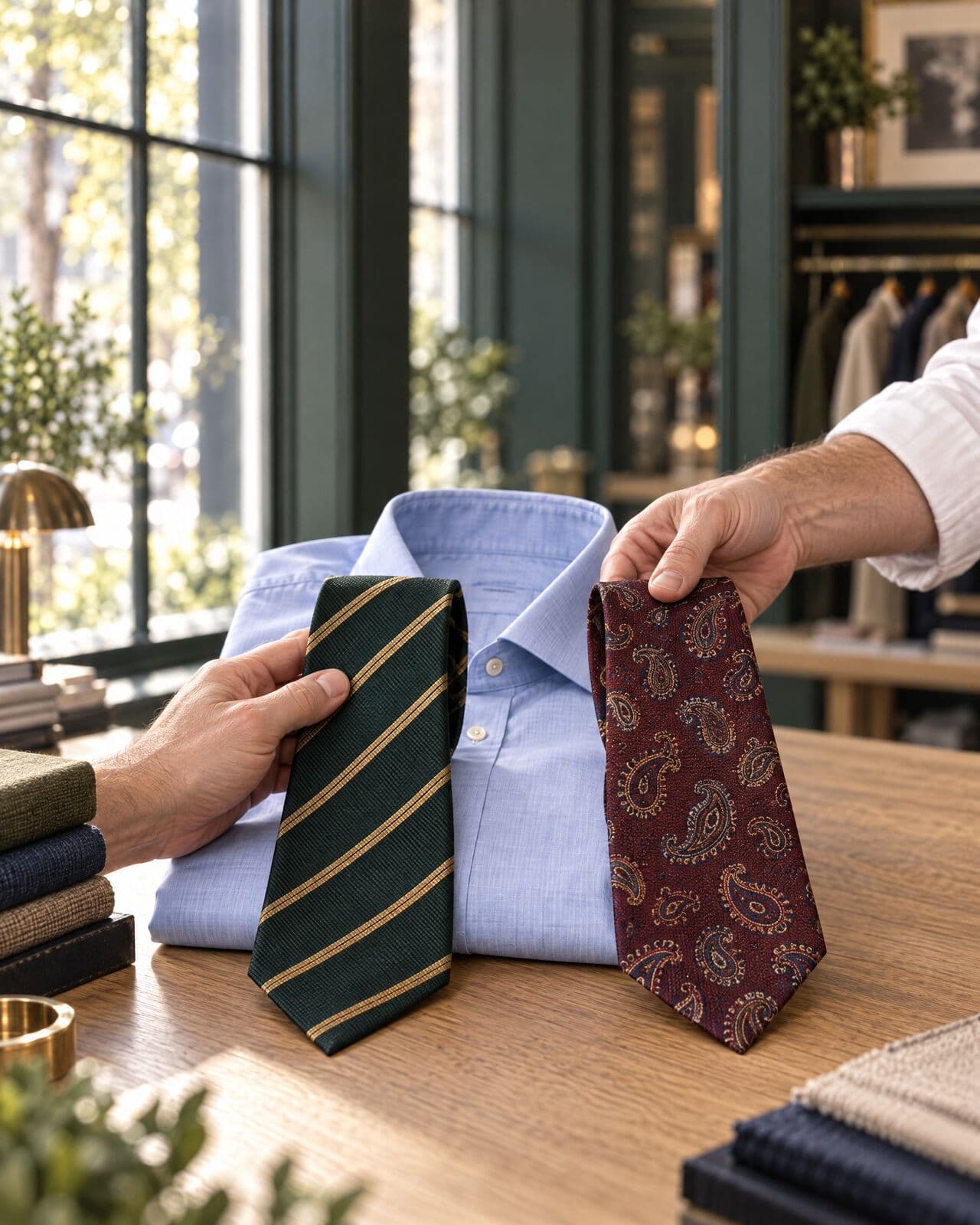 Two hands hold a green and gold striped tie and a claret paisley tie against a folded sky-blue dress shirt on an oak counter.