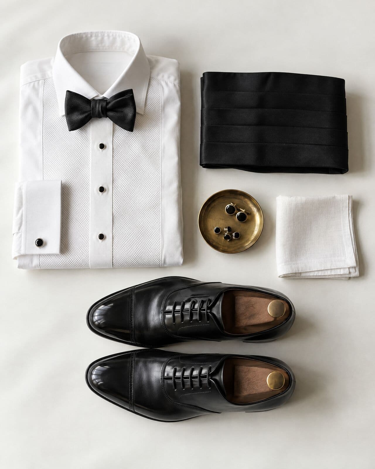 Laid out on a white ground from above: a folded white dress shirt with a black bow tie at the collar, a black cummerbund, studs and cufflinks in a brass dish, a white pocket square and black cap-toe oxfords.