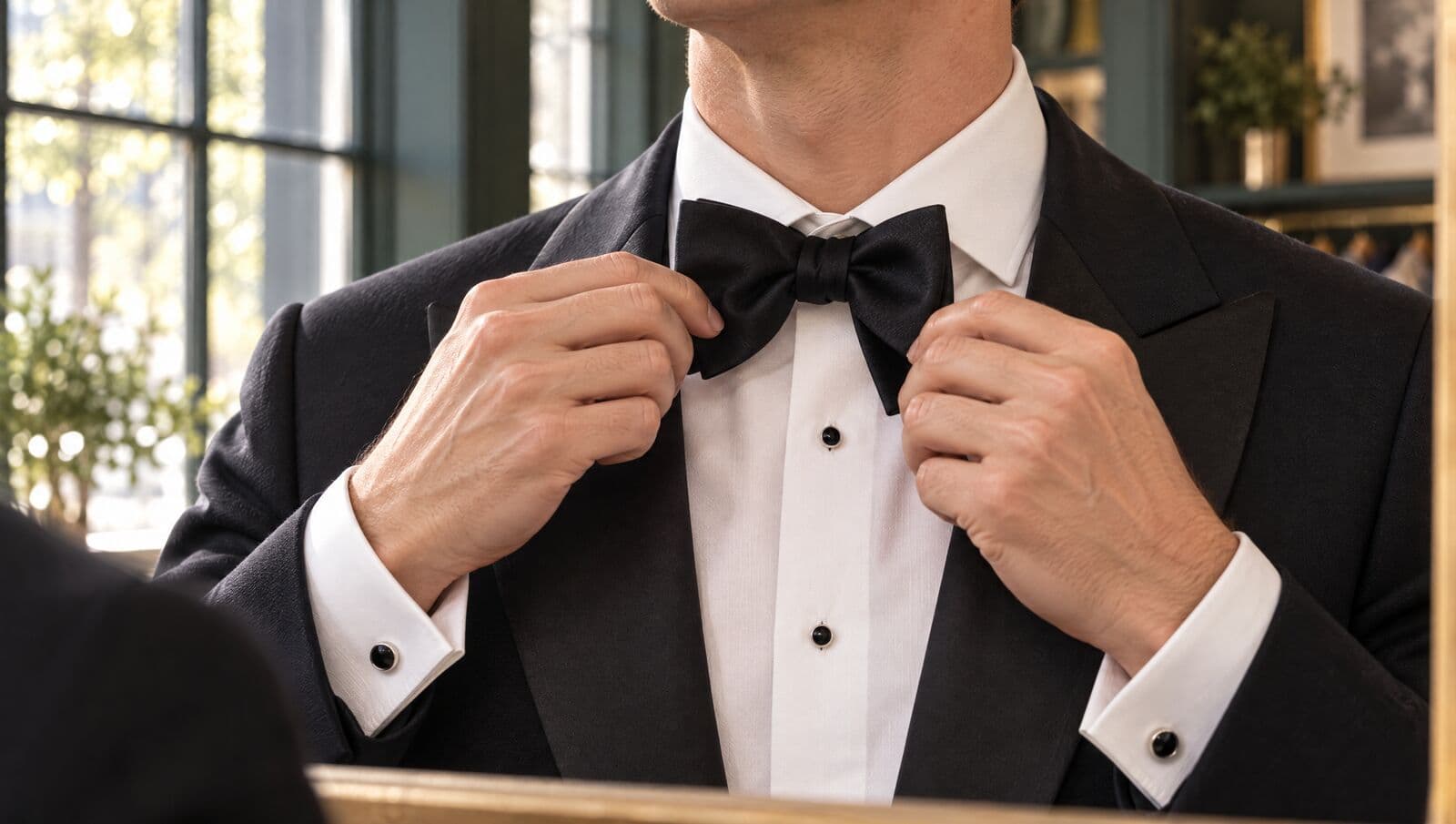 Close view of a man’s hands straightening a black silk bow tie over a white dress shirt with black studs, a black dinner jacket at the edges of the frame.