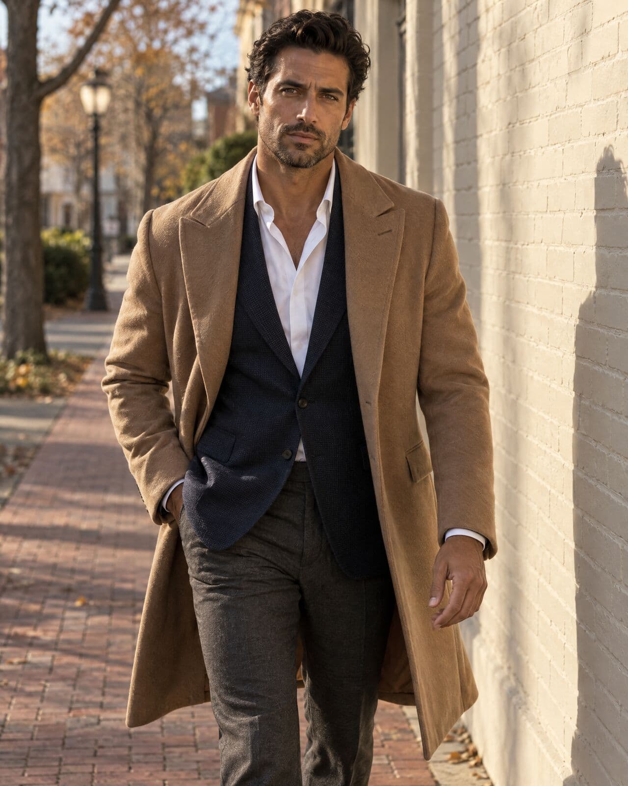 A dark-haired man in a camel overcoat over a navy sport coat and open white shirt walks toward us along a brick sidewalk beside a cream brick wall in low afternoon sun.