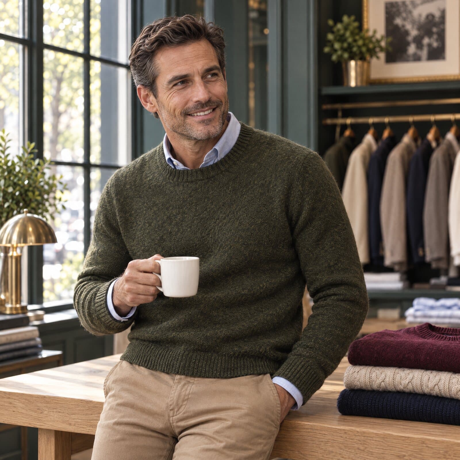 A dark-haired man in a moss-green crewneck over a blue oxford shirt smiles, coffee cup in hand, leaning on an oak table of folded sweaters.