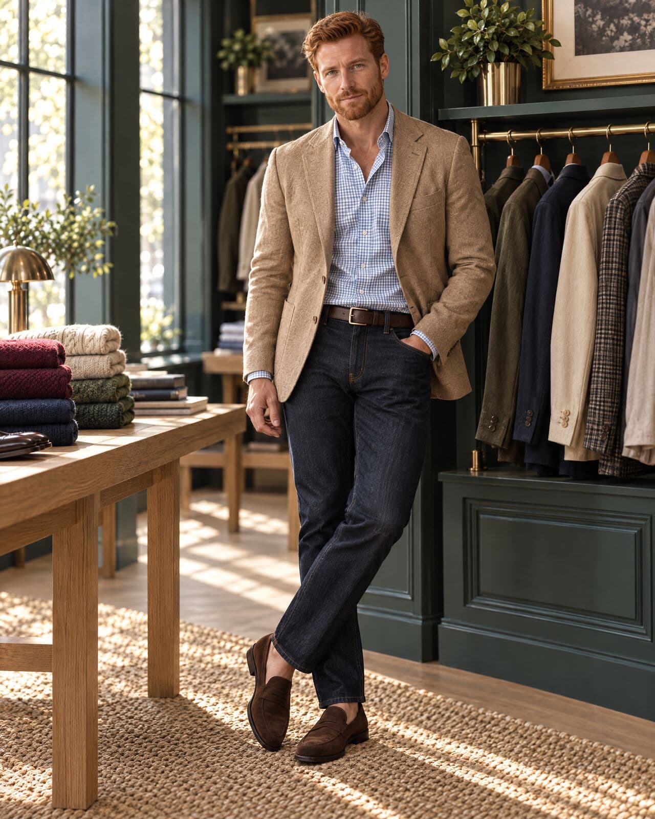 A man in dark jeans, brown loafers, a blue check shirt and a tan sport coat stands smiling in front of a brass rail of jackets.