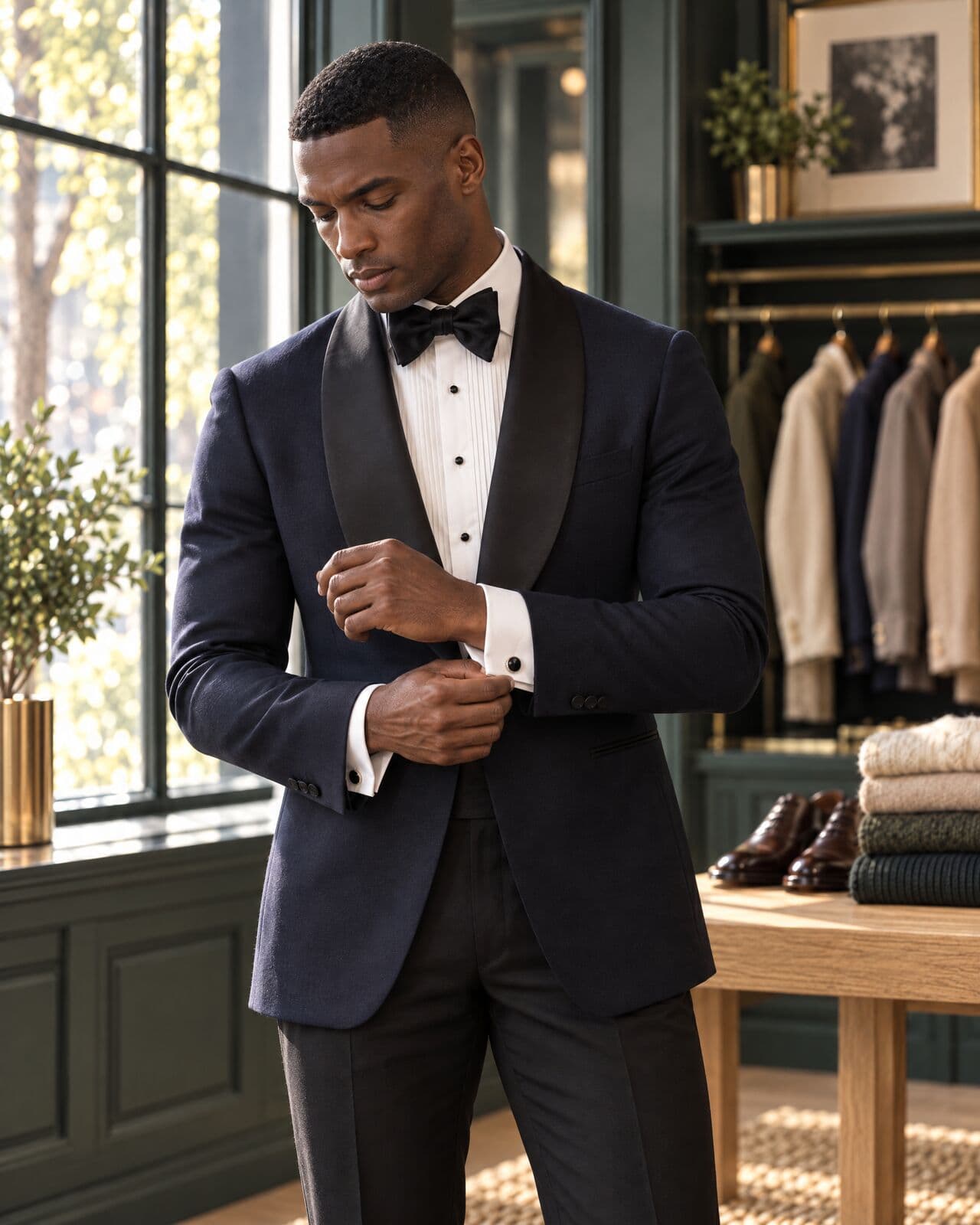 A man in a midnight-blue shawl-collar dinner jacket, white dress shirt with black studs and a black bow tie fastens his shirt cuff beside a tall window.