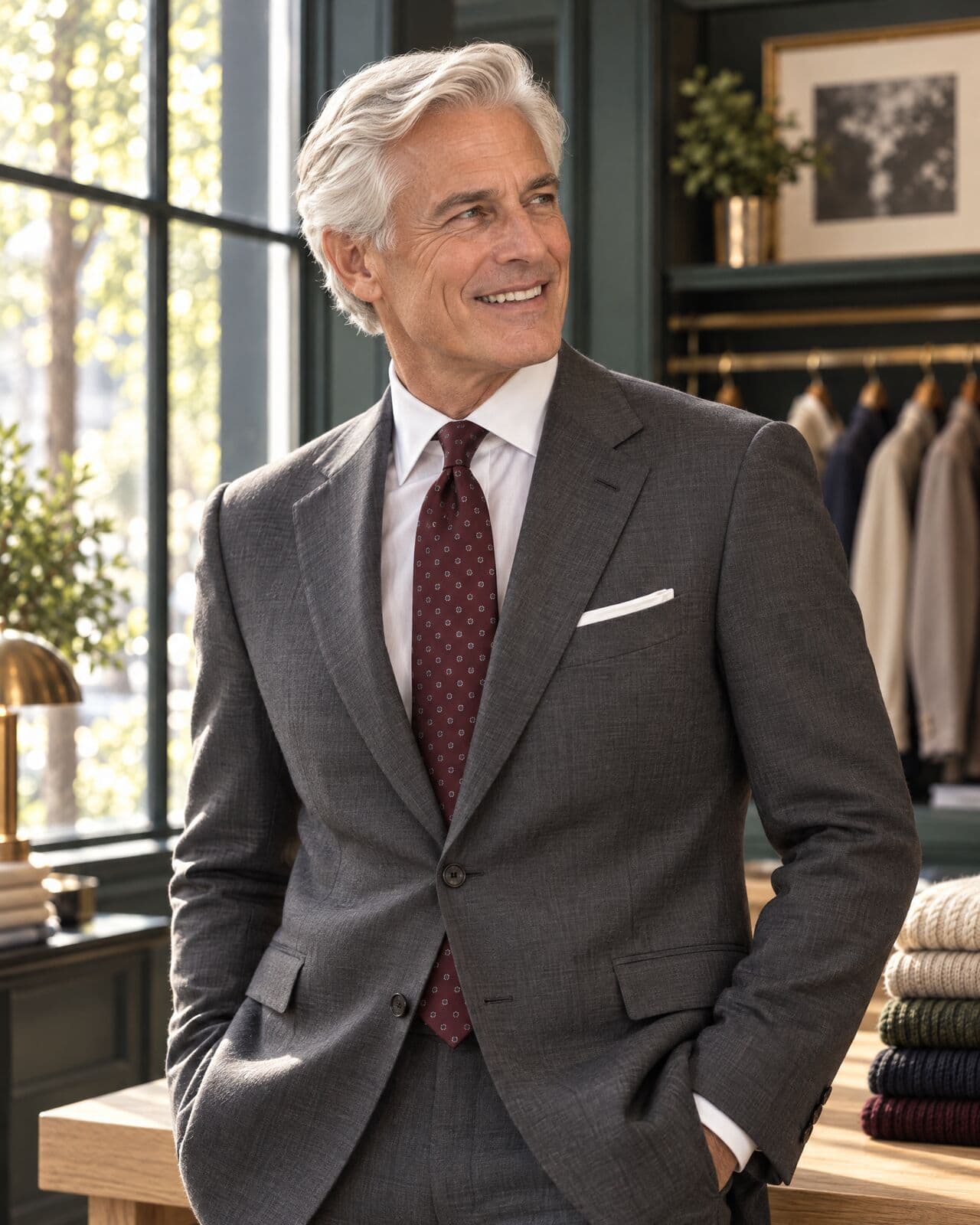 A white-haired man in his sixties in a mid-grey suit, white shirt and burgundy patterned tie, smiling warmly at someone out of frame.