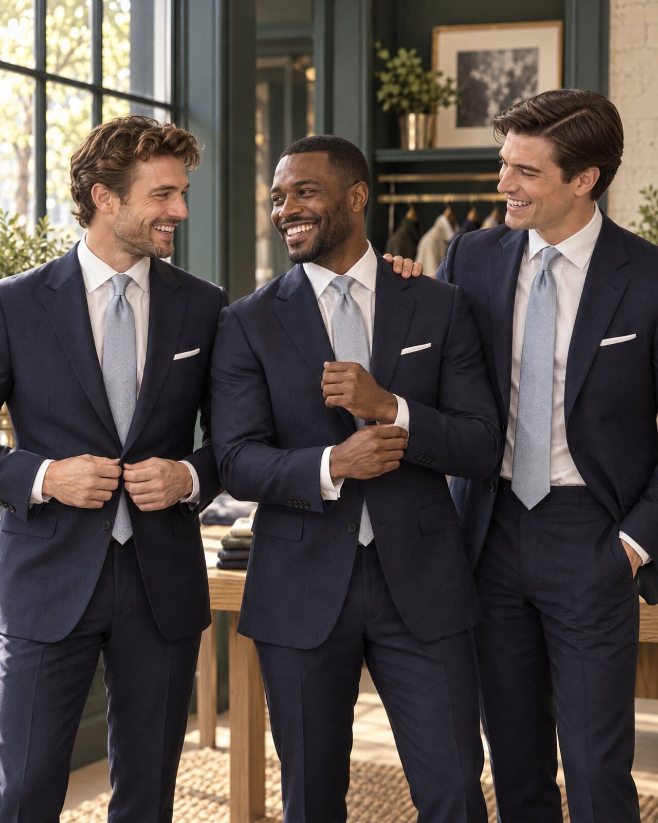 Three groomsmen in matching navy suits and pale blue ties laugh together, one fastening his jacket and one adjusting a cuff.