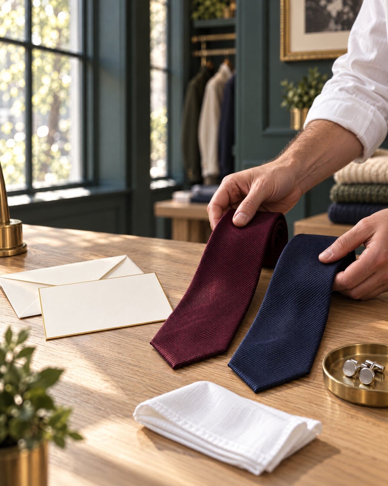 Hands lay a burgundy tie beside a navy one on an oak counter, next to a cream invitation and envelope, a white pocket square and cufflinks in a brass dish.