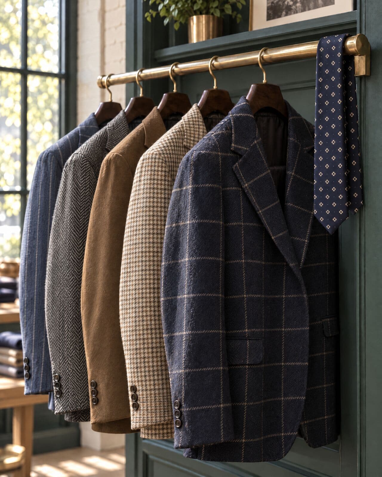 Five sport coats on dark wooden hangers along a brass rail against the deep green panelling: a blue chalk stripe, a charcoal herringbone, a tobacco moleskin, a cream gun-club check and, nearest and turned into the window light, a navy jacket with a cream windowpane. A navy silk foulard tie hangs over the rail end.