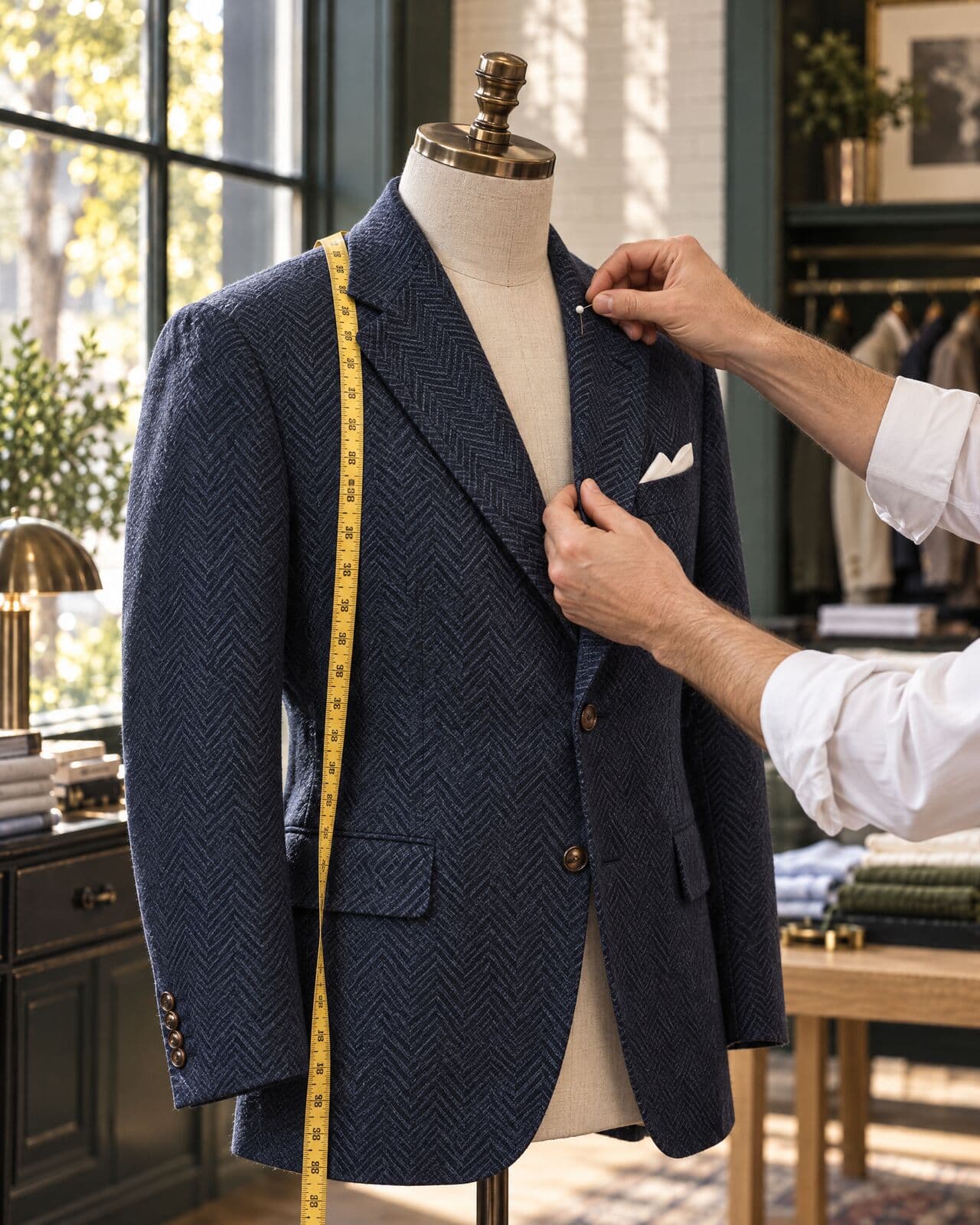 Hands set a pin at the lapel of a navy herringbone sport coat on a tailor’s dress form, a yellow tape measure over its shoulder.