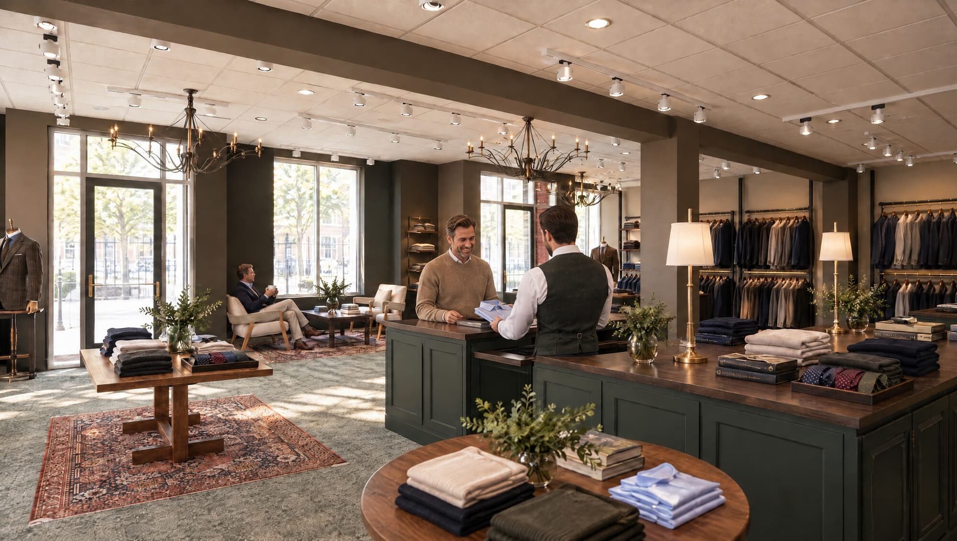 The planned Winston James interior looking toward the entrance: green counters where an assistant hands a folded shirt to a smiling customer, tables of folded knitwear and ties, rails of jackets, and a man with a coffee in an armchair by the windows.