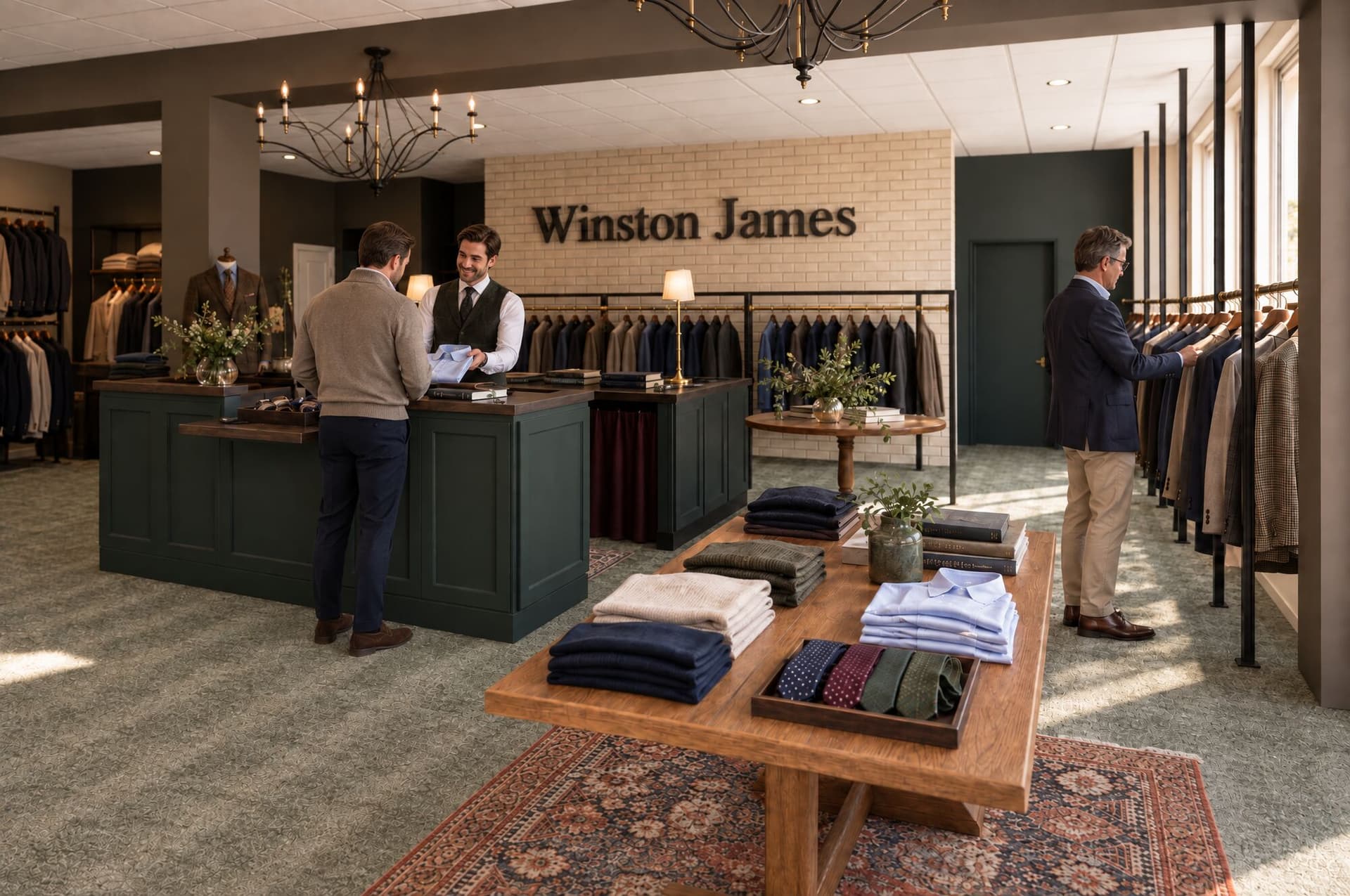 The planned Winston James interior as it will look open: the wordmark on a cream brick wall, a customer at the green counter being shown a shirt by an assistant behind it, an oak table of folded knitwear and ties, and a man browsing a rail of jackets.