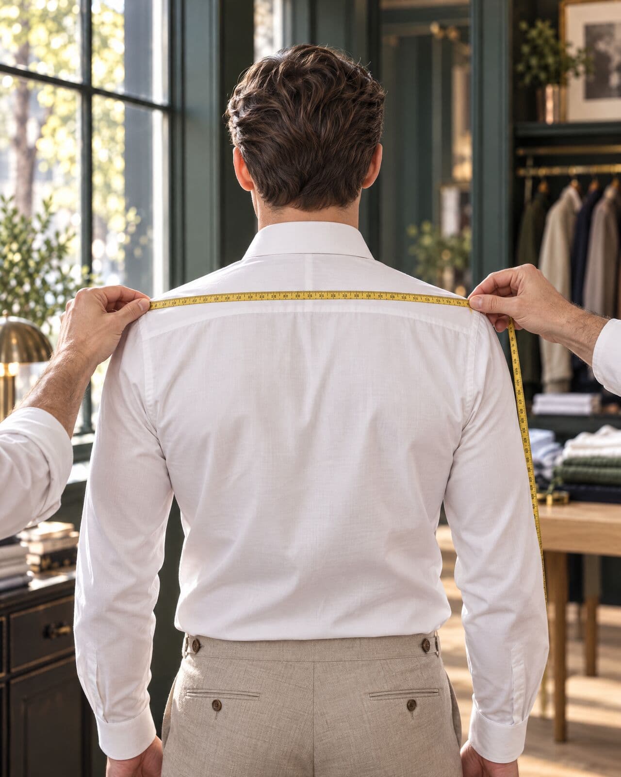 A man in a white shirt seen from behind while two hands draw a yellow tape measure across his shoulders.