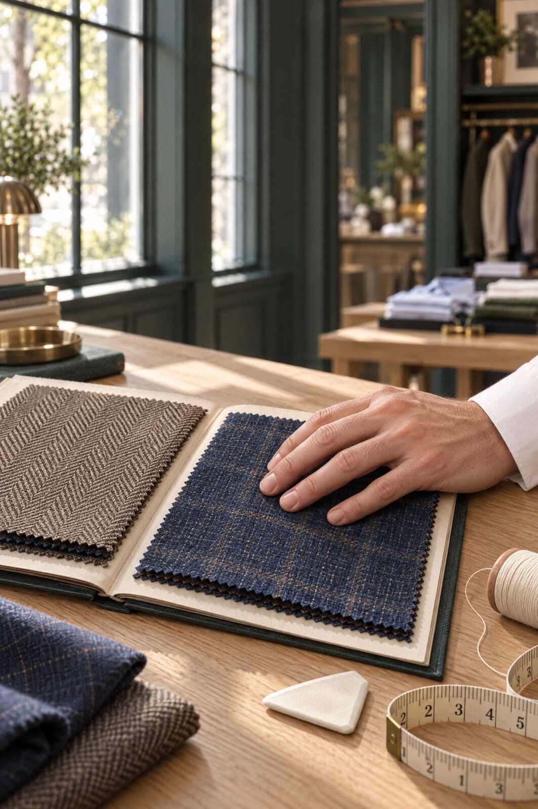A hand rests on a blue plaid cloth in an open swatch book beside a taupe herringbone, with tailor’s chalk, thread and a tape measure on the oak table.