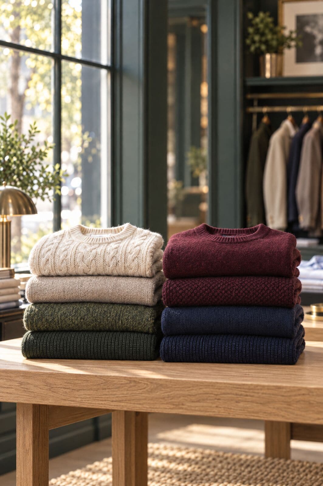 Two stacks of folded sweaters on an oak table: cream cable knit, oatmeal, moss and bottle green beside claret and navy.