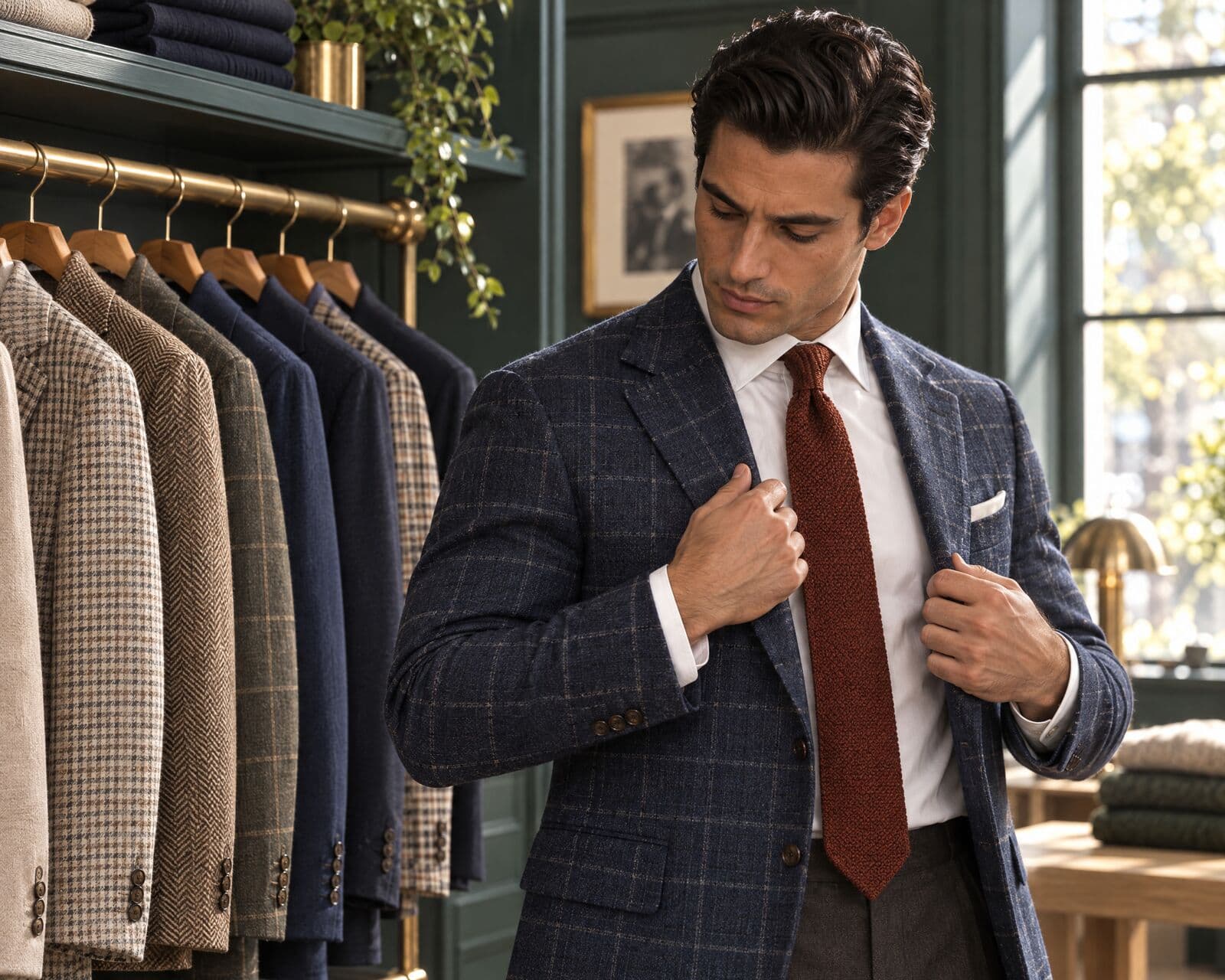 A dark-haired man settles a blue windowpane sport coat on his shoulders over a white shirt and rust knit tie, beside a brass rail of jackets.