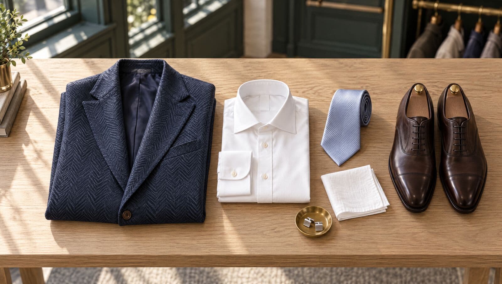 Laid out on an oak table from above: a folded navy herringbone suit jacket, a white dress shirt, a rolled pale blue tie, a white pocket square, cufflinks in a brass dish and dark brown cap-toe oxfords.