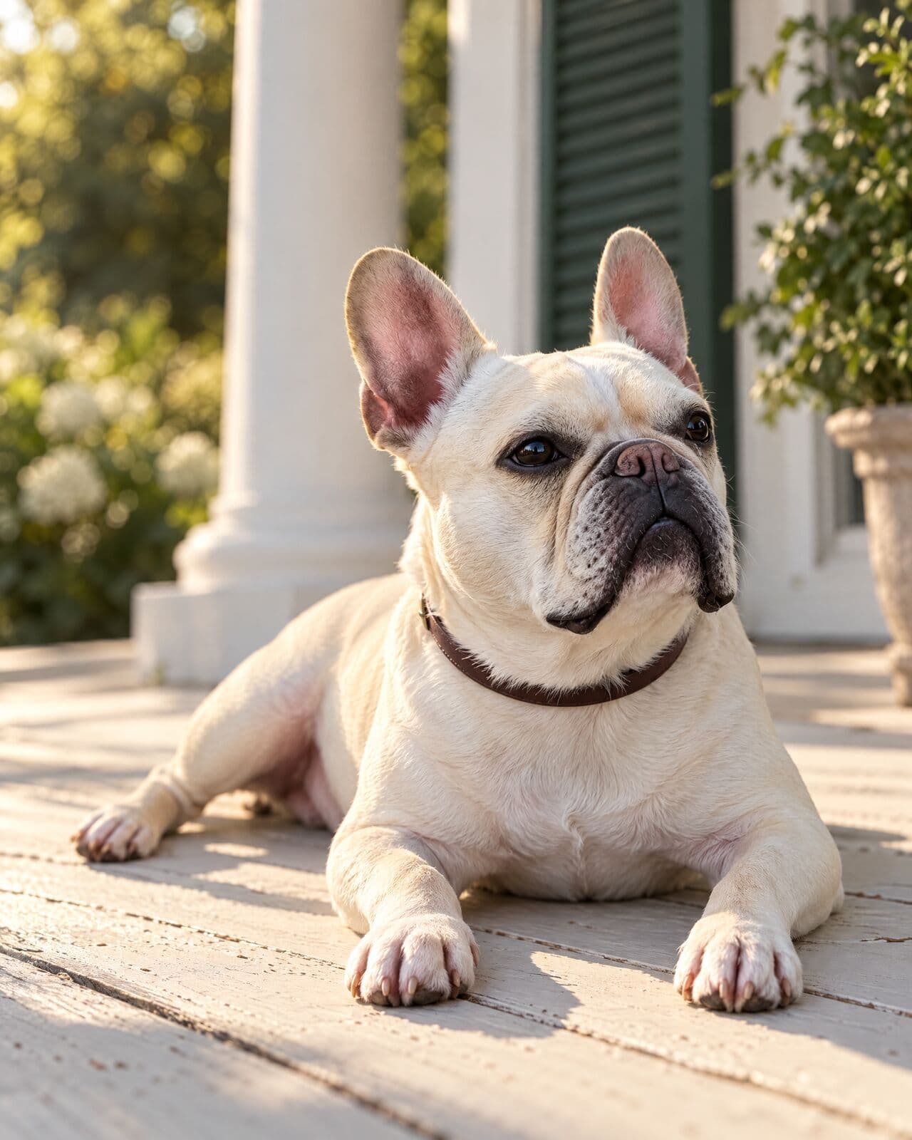 Winston, a cream French Bulldog with a dark muzzle, lying on painted porch boards in low afternoon light.