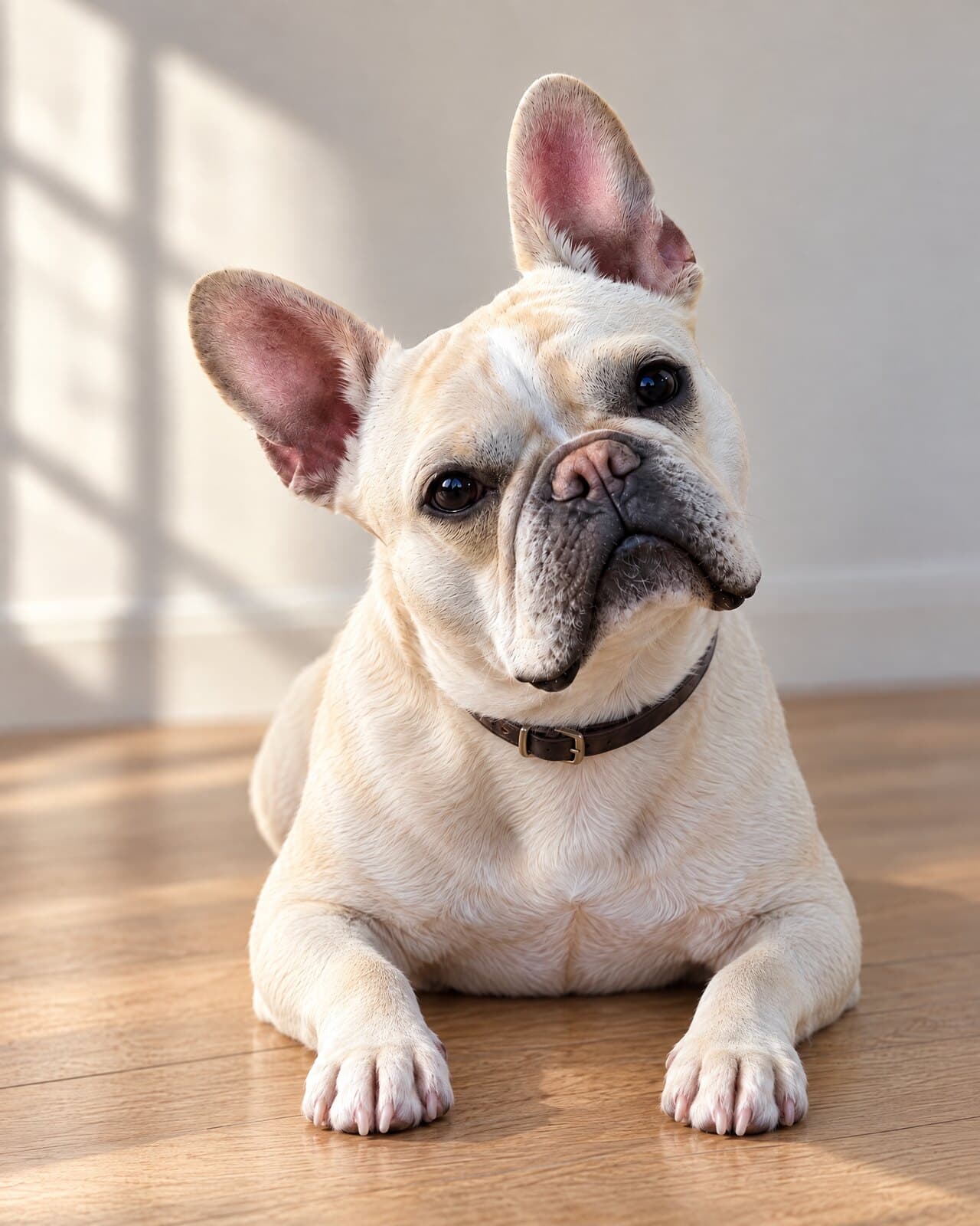 Winston, a cream French Bulldog with a dark muzzle and upright ears, lying on a wood floor with his front paws forward and his head tilted, in window light.
